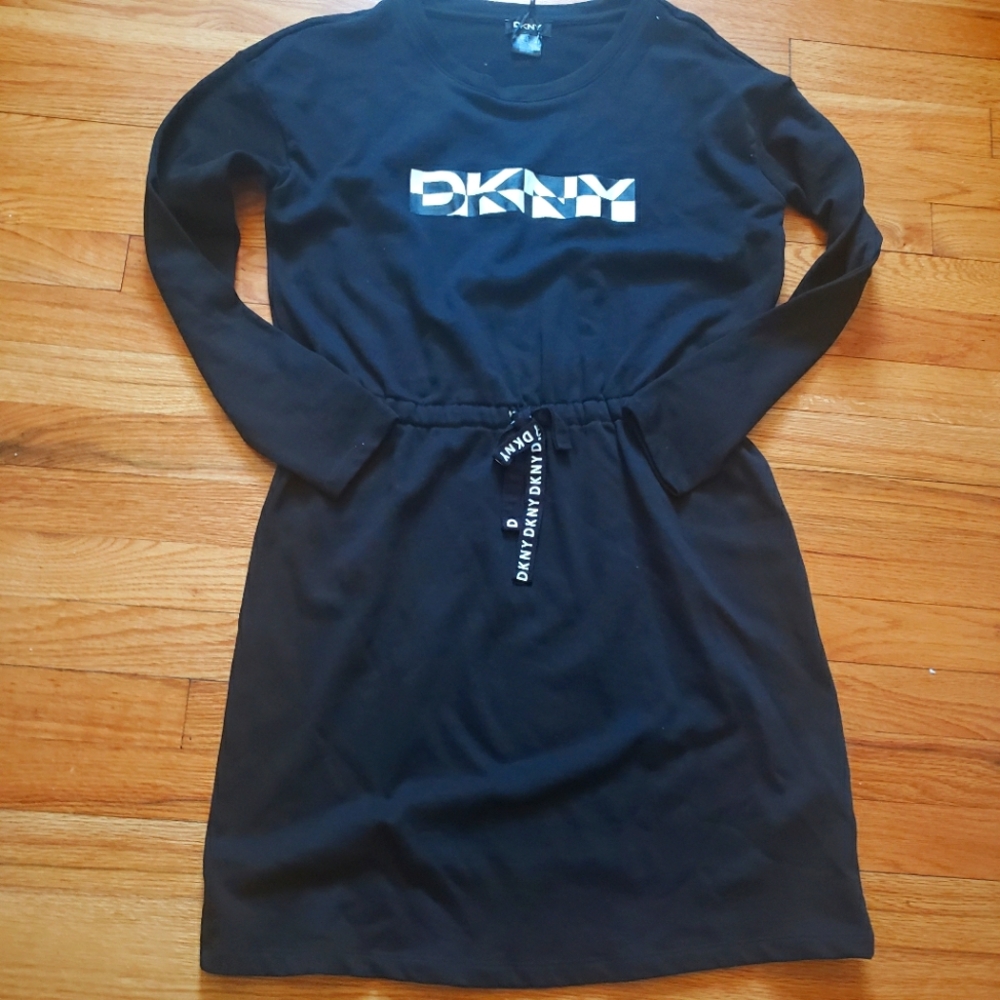 DKNY Elegant Black Dress Logo Long Sleeve Drawstring Comfy